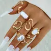 Moda Transfronteriza Europea y Americana Anillo Simple de Aleación con Perla Irregular Conjunto de Anillos Geométricos Apilables Retro