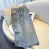 Saia Jeans Slim Cintura Alta para Mulheres 2025 Primavera & Outono Novo Tamanho Grande Comprimento Médio Fenda Linha A Saiote de Quadril