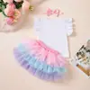 Roupa de Primeiro Aniversário para Menina: Camiseta com Manga Flare, Saia de Tela Arco-Íris, Acessório de Cabelo - Vestido de 3 Peças para Foto de Festa