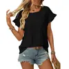 Amazon Mujer Europeo y Americano Transfronterizo 2025 Primavera y Verano Nuevo Color Puro Cuello Redondo Dulce Camiseta de Manga Corta Top Cut Out