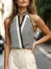 Amazon Transfronterizo Ropa de Mujer Camisa Retro Francesa de Rayas Geométricas con Cuello Halter, Cuello Alto y Pequeño Abertura, Elegante Top Exterior