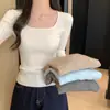 Camiseta Base de Punto de Hilo Hilado Núcleo Lavado Cuadrado de Manga Larga para Mujer, Suéter Interior de Ajuste Delgado, Venta al por Mayor Transfronteriza Otoño e Invierno