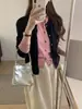 Cárdigan de punto azul marino estilo coreano de dos piezas falsas para mujer, diseño de principios de otoño 2026, top exterior versátil de bloques de color retro