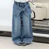 Novas calças jeans largas de outono estilo coreano para meninas, calças retas da moda e que afinam para crianças mais velhas, adequadas para primavera e outono, calças compridas até o chão