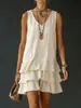 Vestido Corto de Verano con Volantes, sin Mangas, Cuello en V, Estilo Nuevo Transfronterizo Europeo y Americano para Mujer, Holgado, Adelgazante, Estilo Pastel