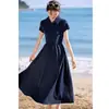 Vestido Casual de Verano 2026 con Cuello Polo, Patchwork, Cintura Ajustable, Corte Relajado y Mangas Cortas para Mujer