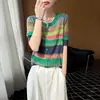Camiseta de cuello redondo a rayas arcoíris de Lyocell con una sensación fresca, transpirable y texturizada, versátil y elegante para ir al trabajo, prenda exterior para mujer