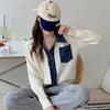 Suéter Feminino de Tricô Cardigã Jaqueta Outono Inverno 2025 Novo Patchwork Jeans Bolso Preguiçoso Curto Solto Manga Longa