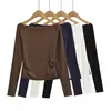 Cl25151-25 Outono Slim Fit Casual Estilo Ins Desejo Puro Ombro a Ombro Emagrecedor Gola Canoa Simples Versátil Camiseta de Manga Longa