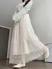Saia Midi Patchwork de Renda Estilo Francês Feminina Primavera Verão Nova Cintura Elástica Emagrecedora Vestido Princesa Bordado Vazado Saia Longa