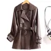 Novo trench coat elegante de cintura marcada, caimento justo, jaqueta curta para o dia a dia, casaco de couro, pele de ovelha