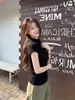 Toma real: Top de punto gris estilo coreano, cuello medio suave, manga corta para mujer, nuevo otoño, corte ajustado, adelgazante, capa interior corta