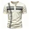 Camiseta Henley de Rayas para Hombre Verano Casual Cuello Henley Manga Corta Camisa Moderna Holgada
