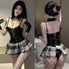 Ropa Interior Sexual Atracción Pura Uniforme Sexual Bunny Cuero Patentado Traje Cuadriculado Falda Cuadriculada con Tirantes Vestido de Estudiante