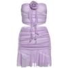 [4 colores] Nuevo traje de baño de fiesta con falda con volantes y cinta de flores tridimensionales en el pecho, de tubo de color sólido dulce, con abertura en la cadera