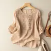 Top Bordado Delgado de Verano para Mujer Artístico Retro Transpirable de Algodón y Lino Camiseta de Manga Corta Cuello Redondo