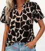 Blusa Floral de Manga Curta com Gola Alta e Meio Botão de Verão, Blusa Vintage com Estampa Floral e Manga Bufante, Atacado a Partir de Uma Peça