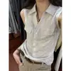 Camisa de Linho sem Mangas para Trabalho 2026 Verão Nova Casual Bolso Lapela Colete Top Toque de Luxo Camisa Temperamento