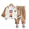 Traje de primavera para niño 2025, nuevo conjunto de tres piezas con cremallera y estampado de cabeza de oso de dibujos animados para bebé.
