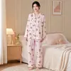 Suministro Directo de Fábrica Algodón Nube Cuadros Rosas Dibujos Animados Ropa de Casa para Mujer Solapa Manga Larga Pantalones Largos Pijama Conjunto Holgado Tallas Grandes para Mujer