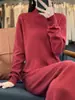Nuevo Vestido de Lana de Longitud Media con Cuello Semi Alto Bordado de Hoja de Bambú para Mujer, Holgado, Largo por Encima de la Rodilla