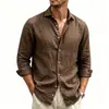 Camisa de algodão e linho em cor sólida, estilo old money, textura respirável de linho, jaqueta camisa masculina, camisa fina de manga longa para outono, roupas masculinas