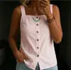 Colete Feminino de Algodão e Linho com Gola Quadrada e Botões, Top Casual Versátil Refrescante Sem Mangas, Atacado Transfronteiriço em Estoque
