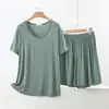 Conjunto de duas peças novo modelo de primavera e verão para mulheres, em modal, com decote V, manga curta e shorts, tamanho grande, soltinho, casual, simples, para casa