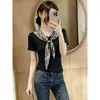 Camiseta de Manga Corta Empalmada de Seda Estilo Retro Francés Talla Grande para Mujer, Verano 2026 Cuello en V Holgada Adelgazante