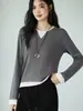 / Ropa para Mujer - Nueva Colección Otoño - Bloque de Color para el Viaje Diario - Falso Dos Piezas - Cuello en V - Manga Larga - Tejido de Punto de Lyocell y Lana - Capa Base