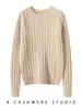 Suéter de punto trenzado de cuello redondo de siete puntos 100% cachemira pura para mujer, jersey de color liso, camisa base cálida casual de manga larga