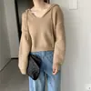 Suéter Tricotado Macio e Ceroso de Cor Sólida Casual com Capuz Estilo Coreano Feminino Outono e Inverno Novo Simples Solto Pulôver Top Feminino