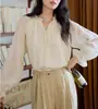Camisa Rayada con Estampado y Cuello en V Fruncido Color Beige Moriiroe para Mujer, Top Elegante de Manga Larga Estilo Retro Francés para Primavera y Otoño