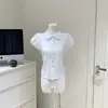 Camisa Blanca de Tencel para Mujer con Cintura Ajustable, Cuello Peter Pan, Mangas Abullonadas y Aplicaciones de Encaje en Marfil, Directo de Fábrica, Tejido Plano Ligeramente Elástico