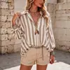 Camisa Feminina de Chiffon Plus Size Listrada Retro de Manga Longa, Novo Estilo Transfronteiriço Europeu e Americano, Solta, Estilo Férias, Camisa de Praia