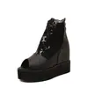 Comercio electrónico transfronterizo comercio exterior zapatos de mujer tacón de cuña de plataforma gruesa tipo muffin sandalias de boca de pez elevadas sandalias huecas de encaje dulce para mujer
