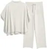 Conjunto de Tricô Cruzado de Manga Longa com Gola Alta Meia-Alta e Manga Morcego, Conjunto de Duas Peças com Calça de Perna Larga Solta e Fluida, Manga Curta para o Início do Outono