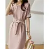 Falda de seda de morera pura de temperamento de alta gama, vestido de seda de peso pesado de alta gama, rosa, ropa para mujer 2026, verano, longitud media