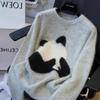 Suéter de lana 100% pura para otoño e invierno, estilo holgado, cuello redondo, bordado de panda de dibujos animados para mujer, moderno