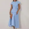 Conjunto de Saia de Algodão de Cintura Alta de Comprimento Médio para Mulheres, Venda Quente de Comércio Exterior com Gola Redonda e Manga Curta, Conjunto de Duas Peças Fashion para o Dia a Dia