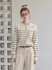 Estilo Britânico Estilo Acadêmico Preguiçoso Tricô Listrado para Mulheres Outono Suéter Henley com Botões Top Casual