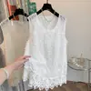 Top de Abrigo Casual sin Mangas de Cuello Redondo con Bordado de Encaje Tridimensional de Color Sólido Artístico para Mujer Tallas Grandes para Verano