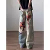 Jeans de Pierna Ancha con Estampado 3D de Oso Estilo High Street Americano para Hombre, Diseño Trendy Streetwear, Pantalones Rectos Lavados de Nicho