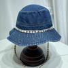 Sombrero de pescador de mezclilla de estilo coreano con correa de letras a la moda para hombre y mujer, sombrero de cubo retro para primavera y verano, sombrero de montañismo con protección solar para exteriores