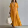 Moda Casual Suelta de Manga Corta con Cuello en V Plisado de Color Sólido Vestido Largo Transfronterizo Europeo y Americano para Mujer 2026