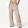 Calça Yoga de Bolso Muyao Perna Larga Solta Casual Esportiva Fitness Elástica Cordão Calça Longa Calça Yoga Estilo Curto