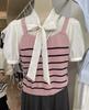Camisa Dulce de Dos Piezas Falsas Reductora de Edad con Lazo y Manga Abullonada de Punto Rayado para Mujer Verano