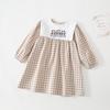 Vestido infantil transfronterizo de primavera y otoño, nuevo vestido infantil de estilo coreano con solapa cuadrada y bordado de oso.
