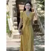 Vestido Saia Longa com Laço para Senhoras Estilo Verão 2025 Vestido Palavra uma Saia Afinando a Cintura Novo Estilo para Mulheres