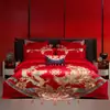 Juego de Cuatro Piezas de Boda de Lujo Estilo Chino Dragón y Fénix, Ropa de Cama Bordada de Algodón Puro para Boda, Colcha Roja de Dote, Ropa de Cama para Habitación de Boda